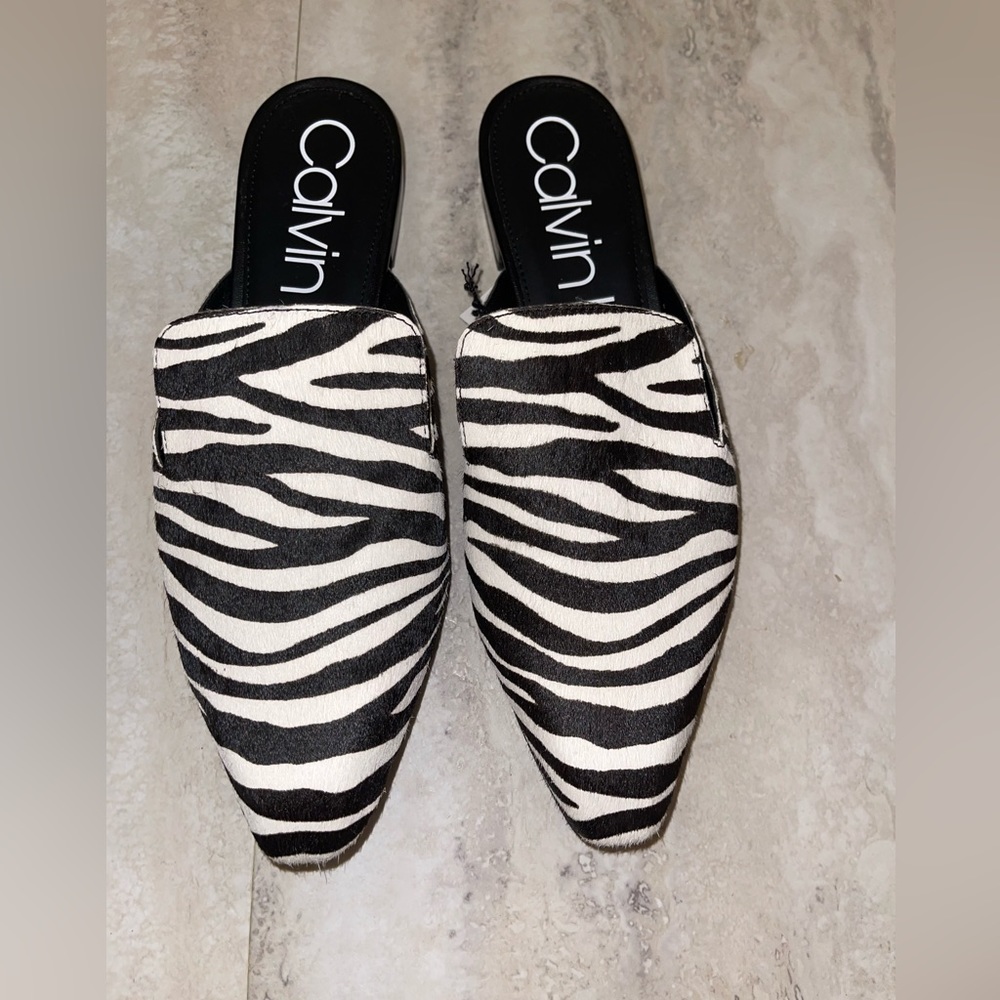 Calvin Klein Zebra Hair Calf Mules Size 7.